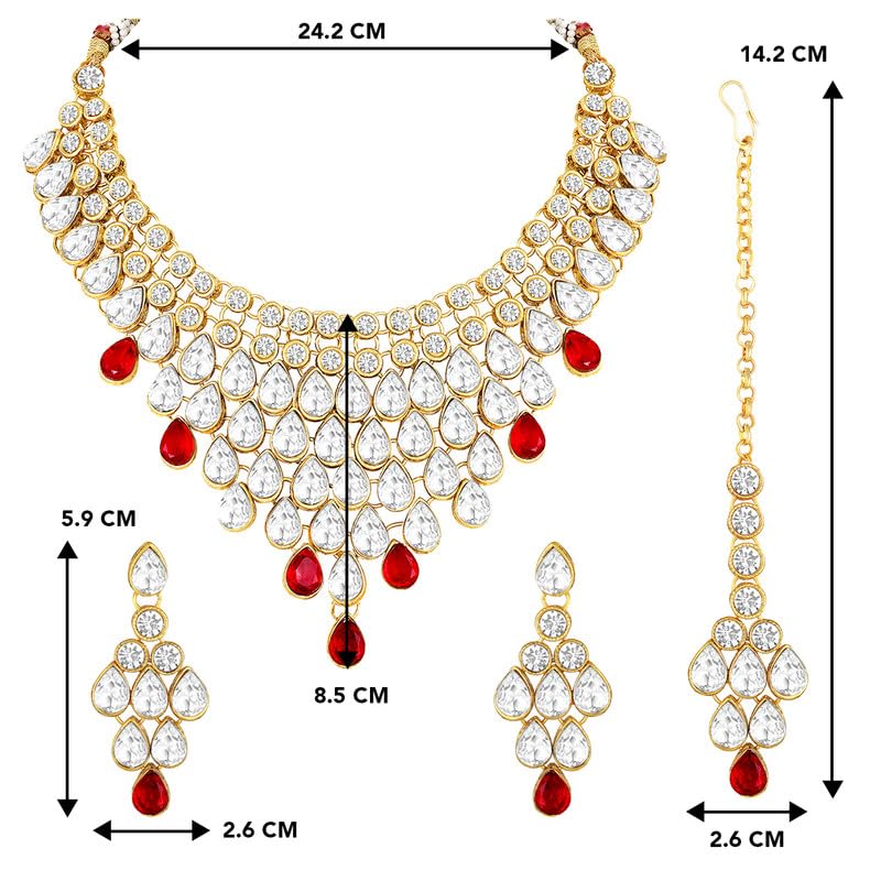 Aheli Exquisite Wedding Party Wear Faux Stone Studded Necklace with Maang Tikka Indian Ethnic Traditional Bharatanatyam jewellery set Gift for Women - Image 3
